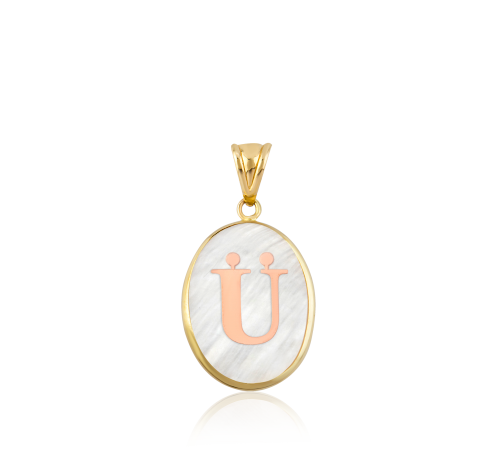 Kırmızı Altın Oval Ü Harfi Sedef Kolye Ucu